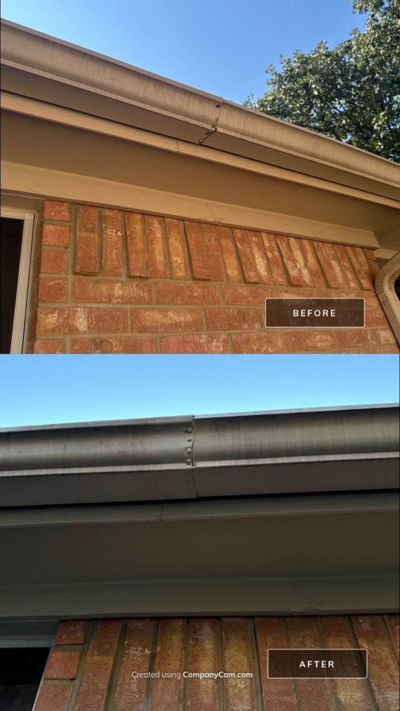 A before and after picture of a gutter on a brick house.