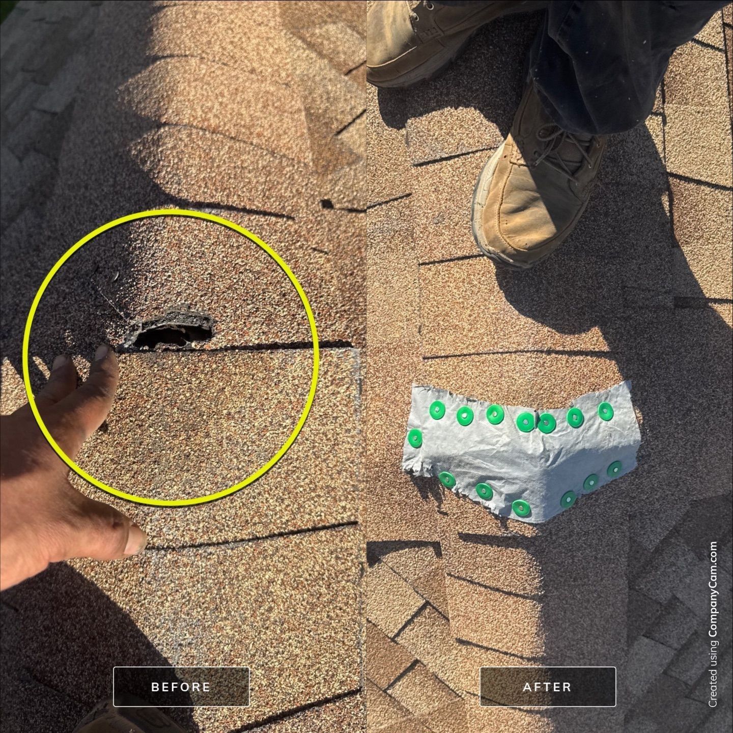 A before and after photo of a roof with a hole in it