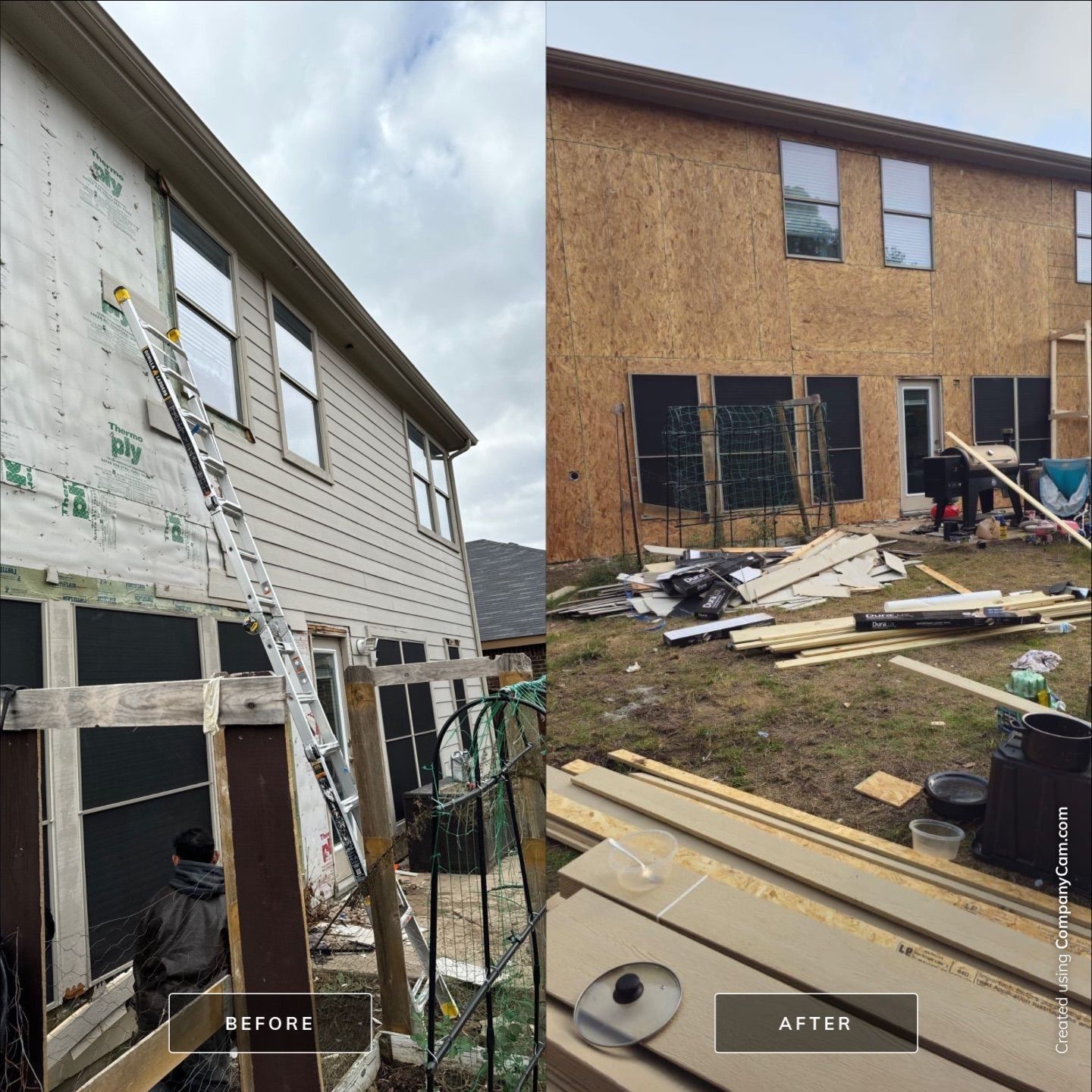 A before and after picture of a house being remodeled.