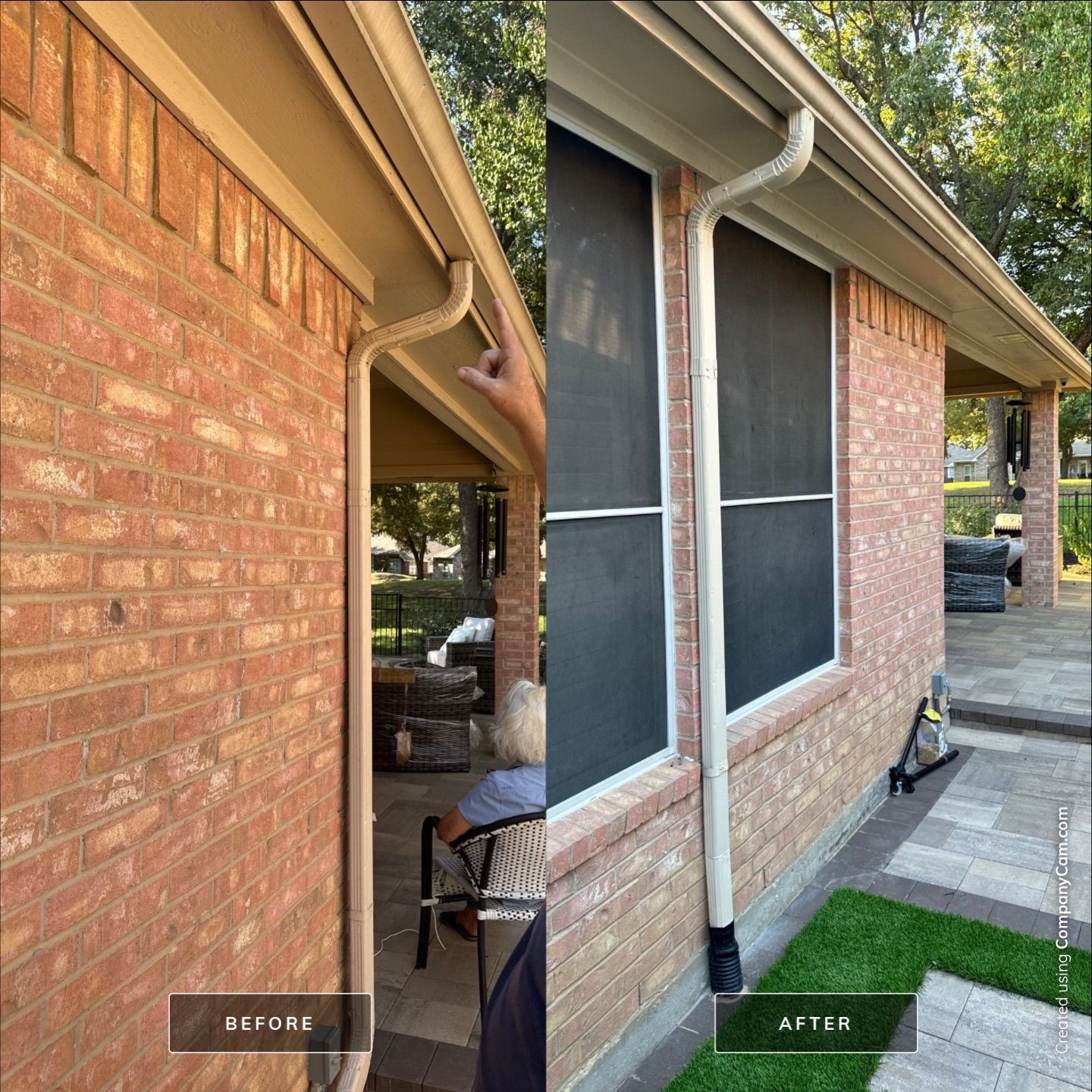 A before and after picture of a gutter on a brick house.