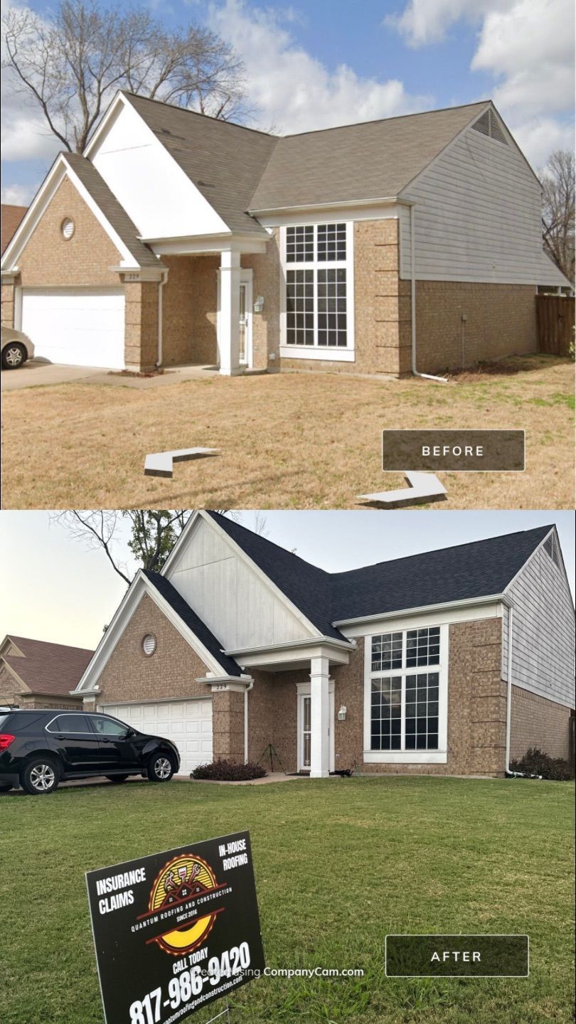 A before and after picture of a house with a sign in front of it.