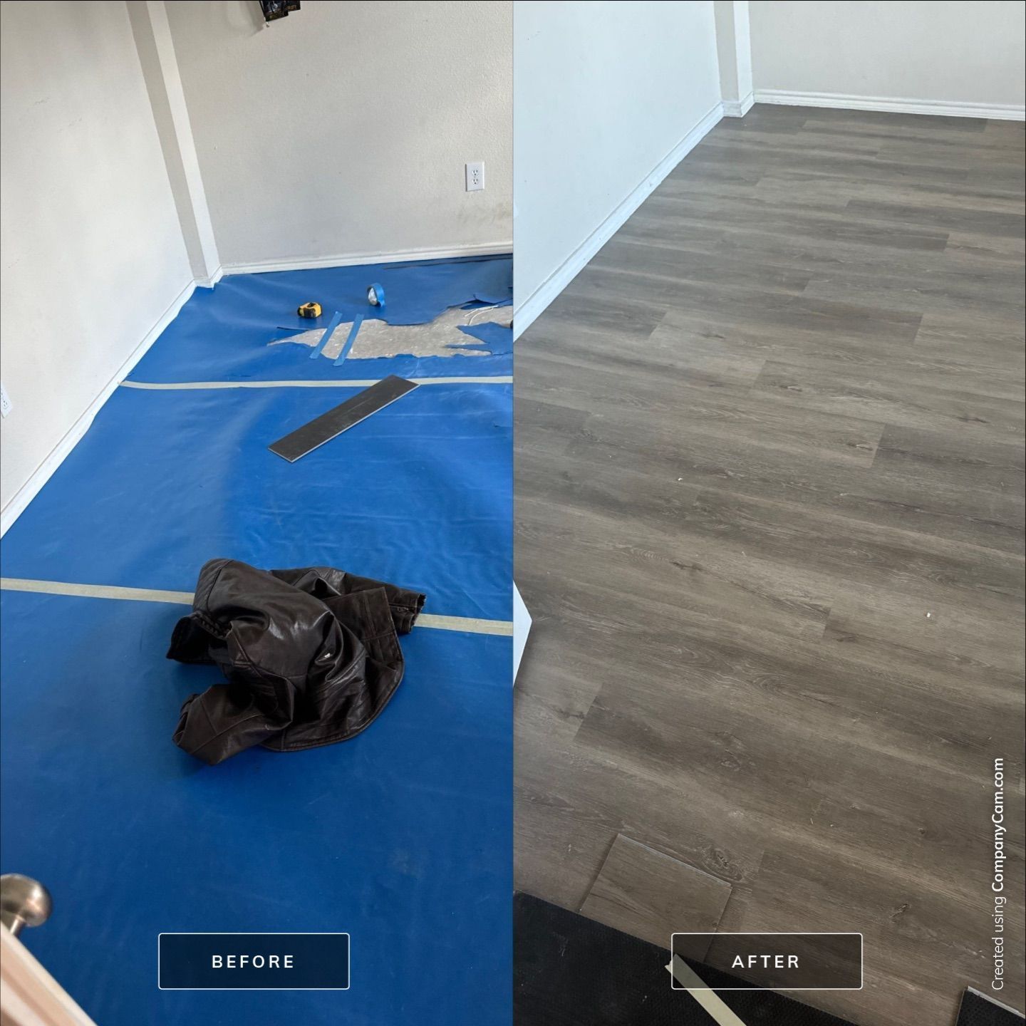 A before and after photo of a hardwood floor