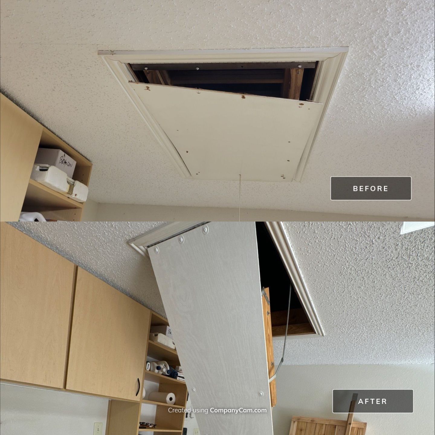 A before and after picture of an attic