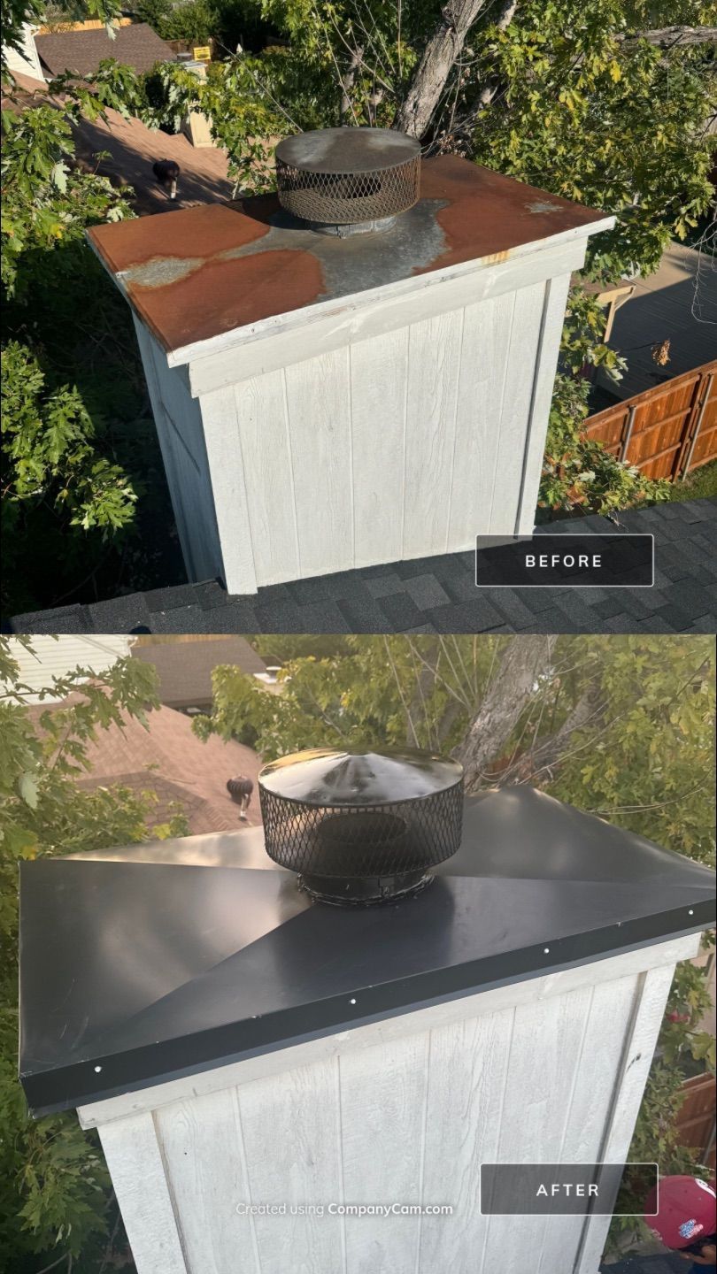 A before and after picture of a chimney on a roof.