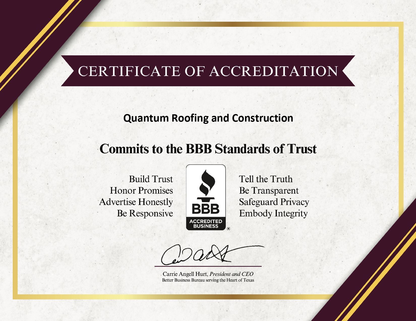 A certificate of accreditation for quantum roofing and construction