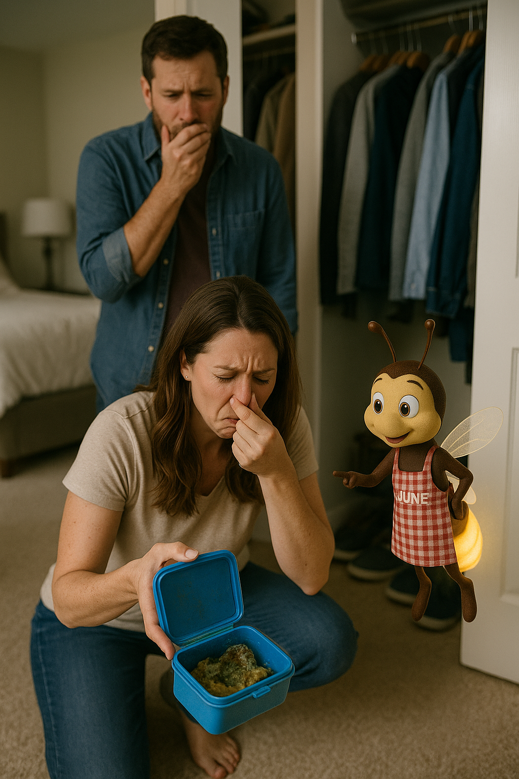 Couple reacting to foul odor from container; a Lightning Bug looks on in a closet.
