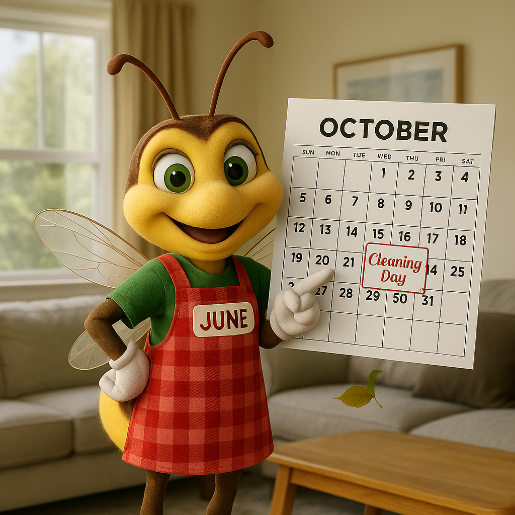 A cartoon Lightning Bug in a red apron points to 