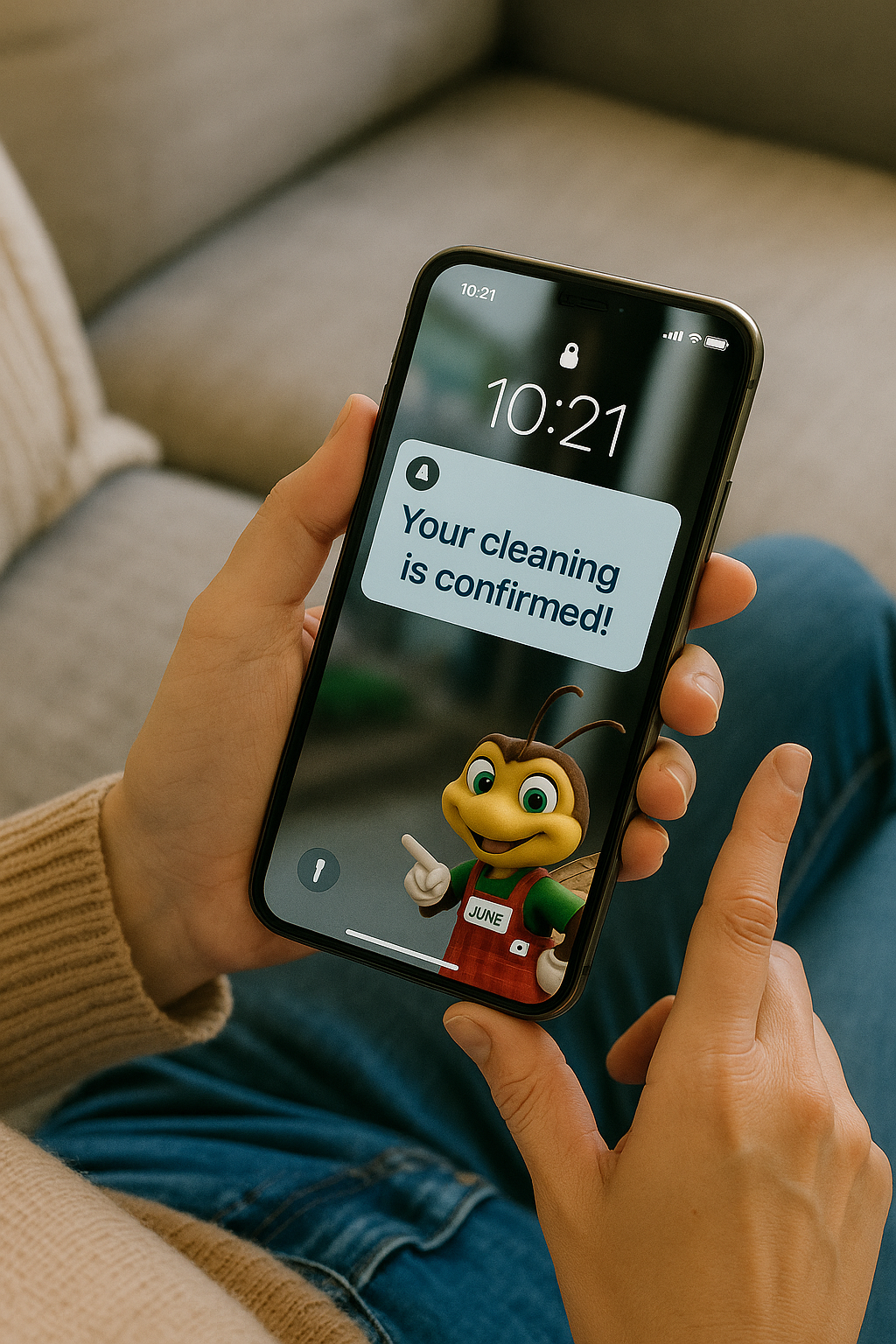 Person holding phone with confirmation notification from cleaning service mascot.