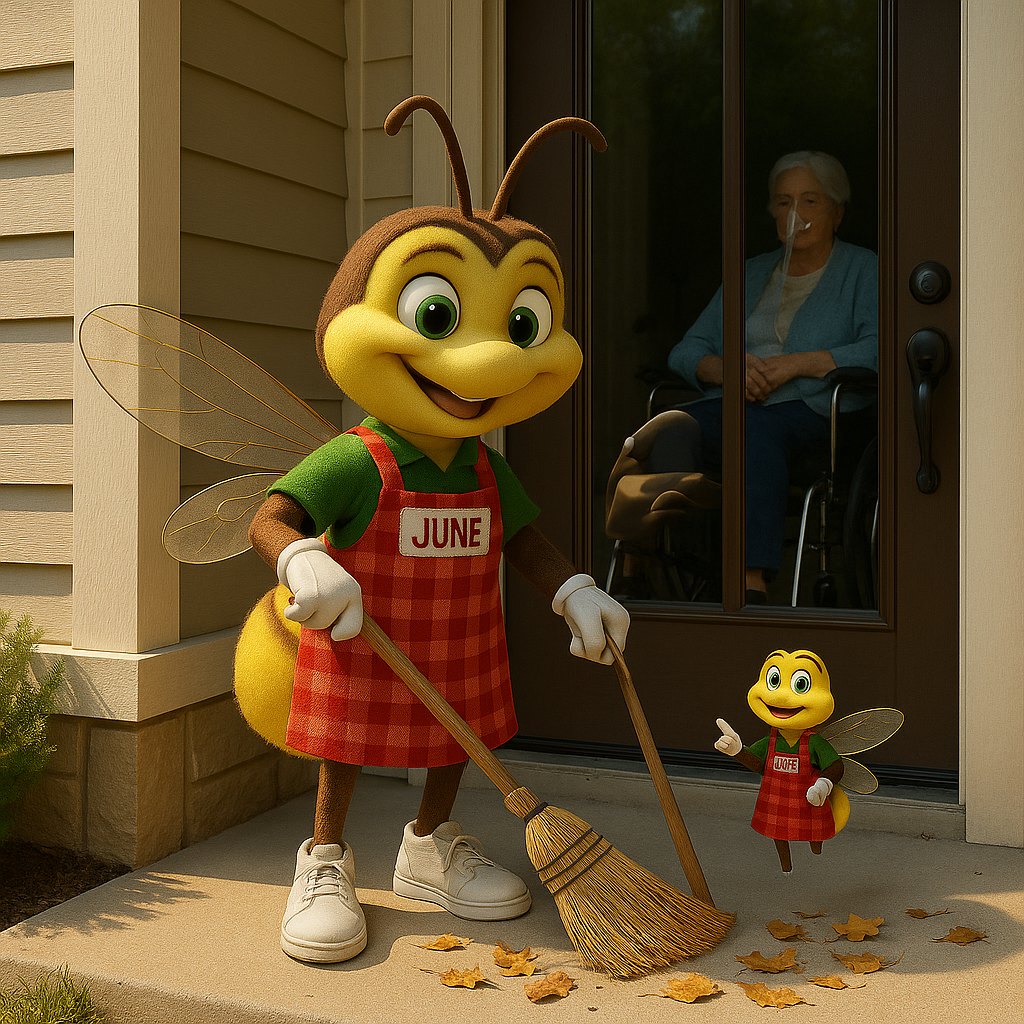 June, the mascot, with the ways to give back, sweeps porch with miniature June;