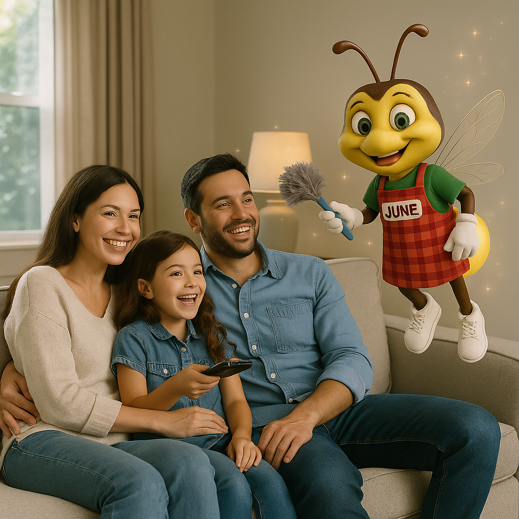 A family on a couch smiles at a cartoon bee, June, holding a duster, inside a living room.