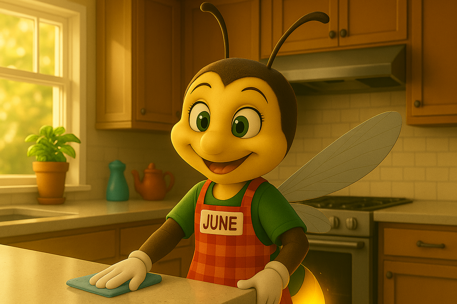 June the lightning bug smiling in a sunlit kitchen, her tail glowing softly as she wipes down a spot