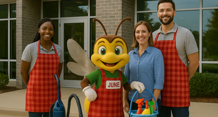 Two cleaners, June the mascot, and a woman smiling outside a building; cleaning supplies visible.