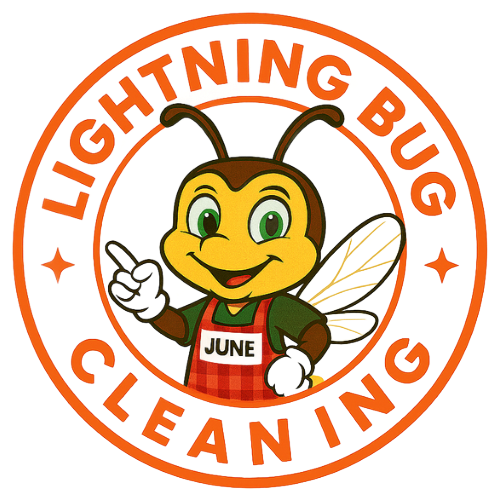 Lightning Bug Cleaning logo. Cartoon Lightning Bug with apron pointing, surrounded by orange text and stars.