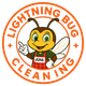 Lightning Bug Cleaning logo. Cartoon Lightning Bug with apron pointing, surrounded by orange text and stars.