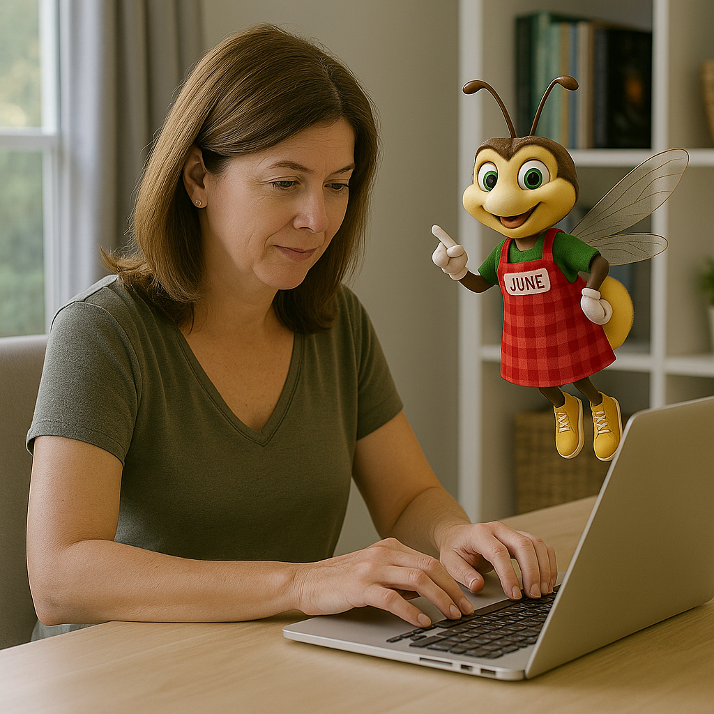 Woman uses laptop with June and points upwards. Showing the the ways to give back