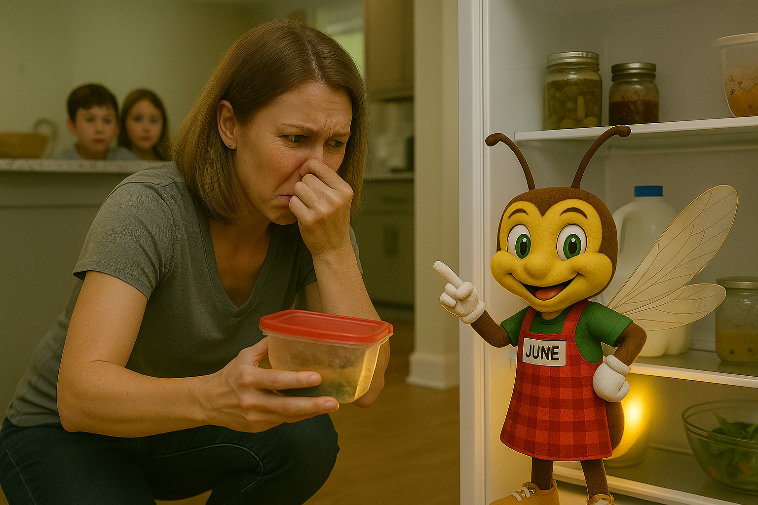 A mom crouches in front of an open refrigerator holding a spoiled container