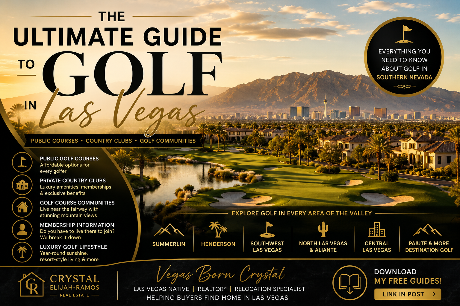 as Vegas golf course with luxury homes, mountain views, country clubs and golf communities.