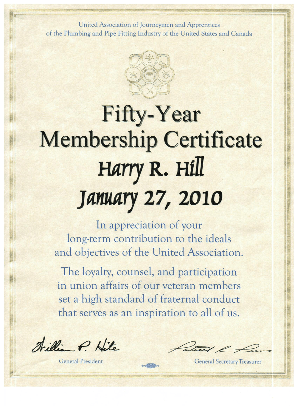 Membership Certificate - Bloomington, IL - Hill & Hill Plumbing