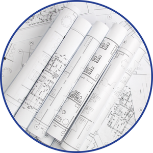 Rolled blueprints on a table, diagrams visible, within a blue circle.