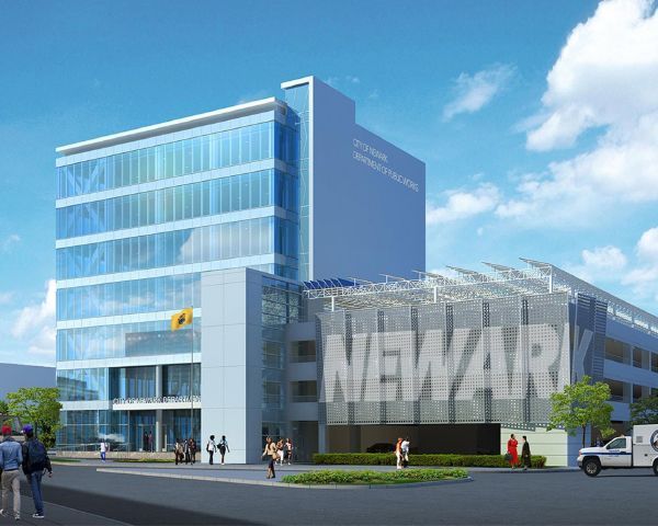 Modern glass building in Newark with large