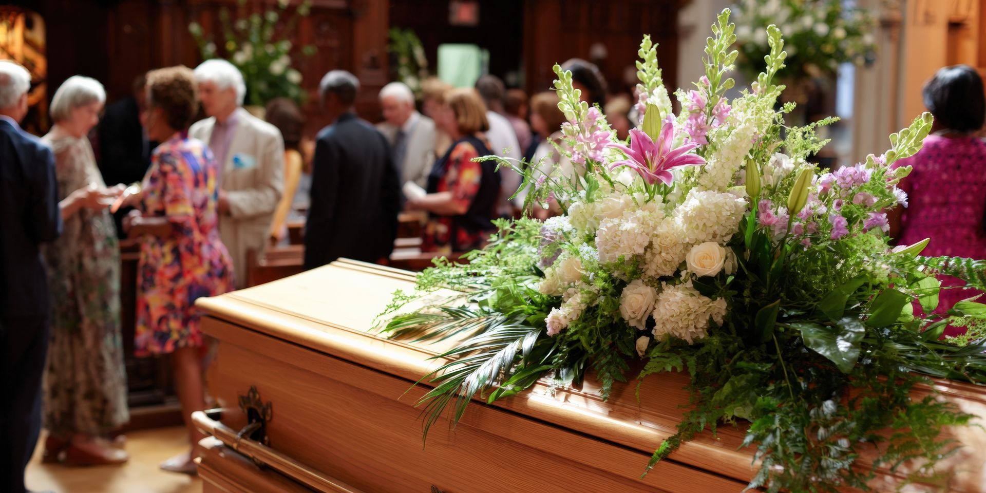 View of a closed casket at a funeral with the family members blurred in the background. View of a closed casket at a funeral with the family members blurred in the background.