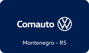 Logotipo da Comauto Volkswagen com o texto "Montenegro - RS" sobre um fundo azul escuro.