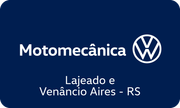 Motomecânica logo, Volkswagen service center in Lajeado and Venâncio Aires, RS. Blue background, white text and logo.