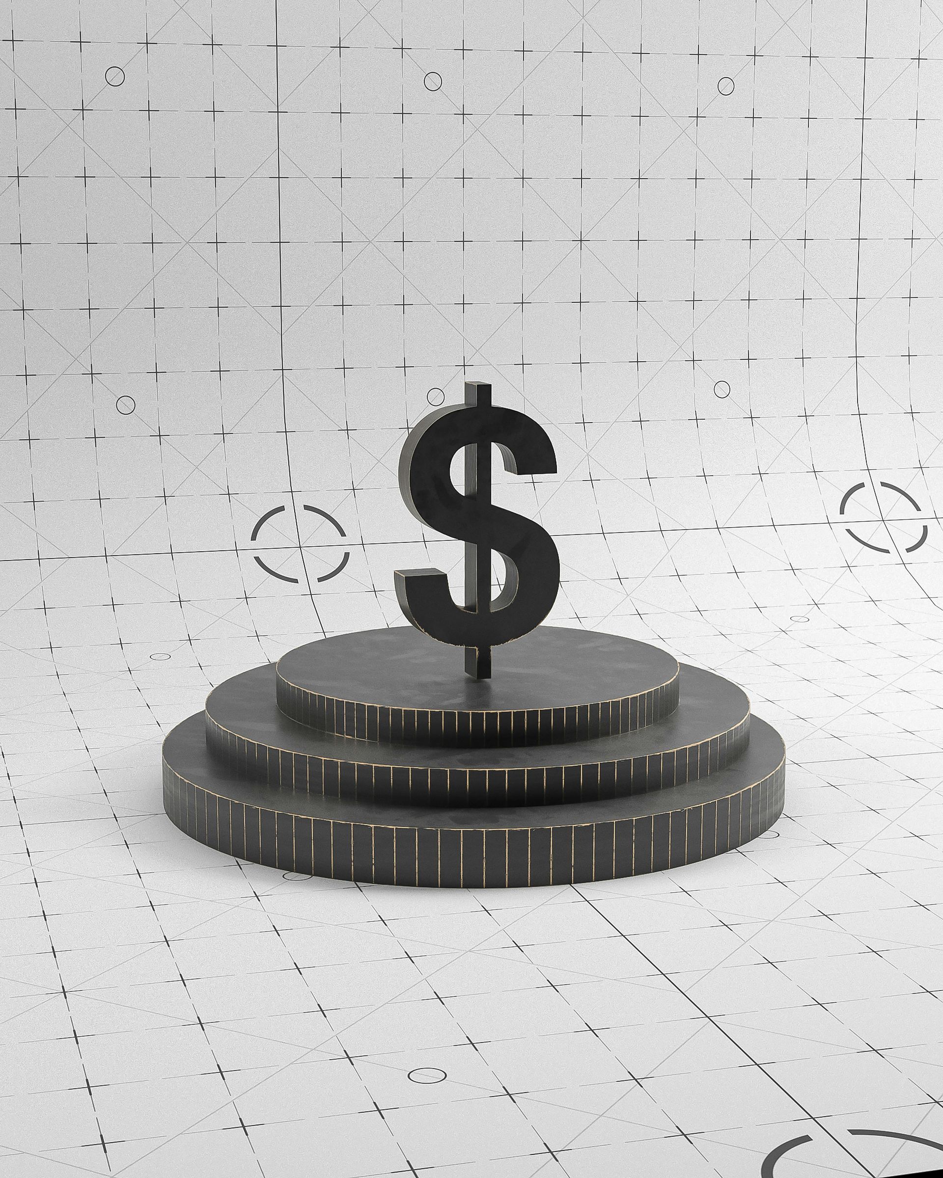 Black dollar sign on stacked coins against a light abstract background.