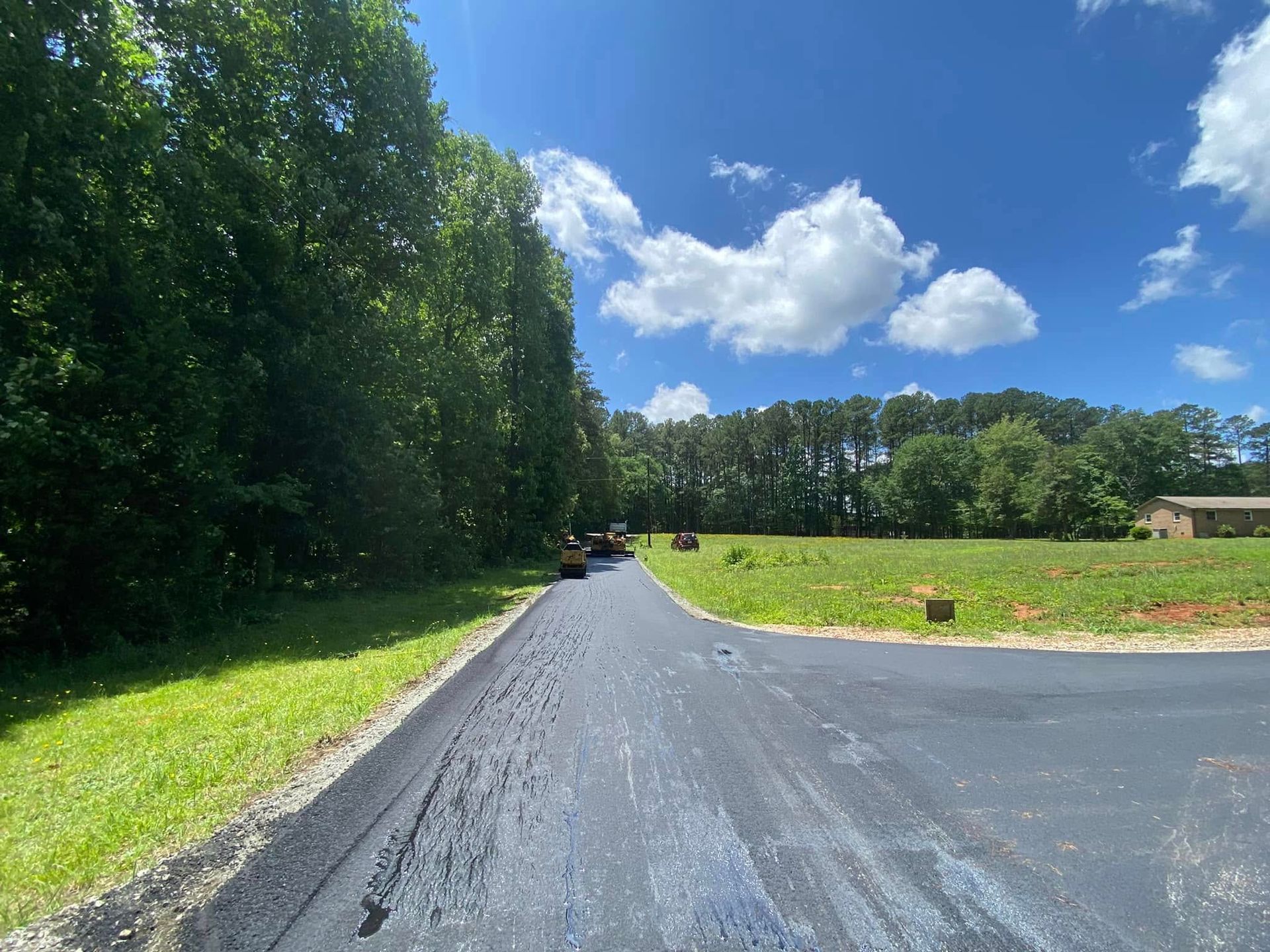 Tree-lined road curving through a sunny green landscape under a blue sky with clouds