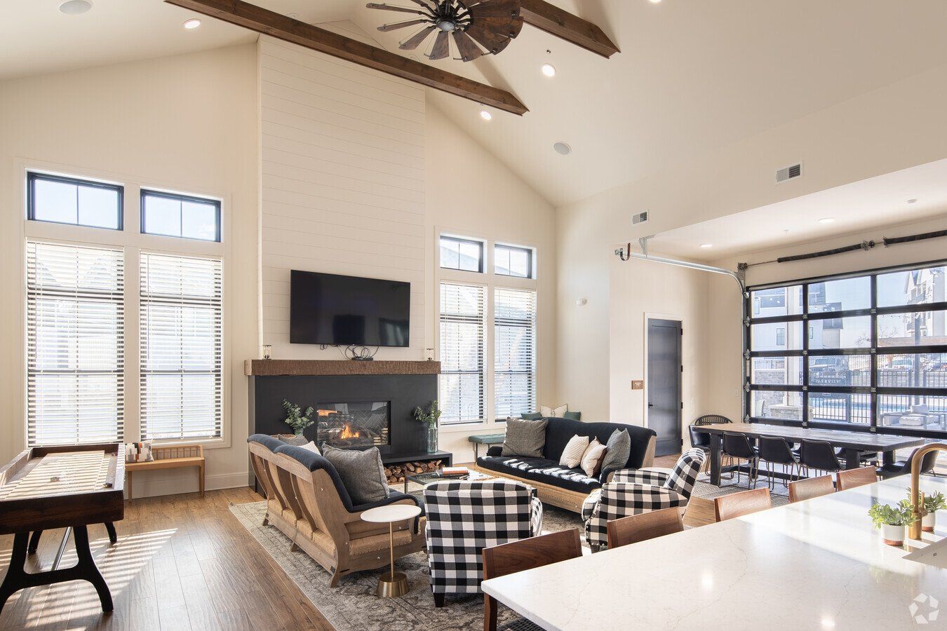 Parkview Apartments community lounge area with fireplace