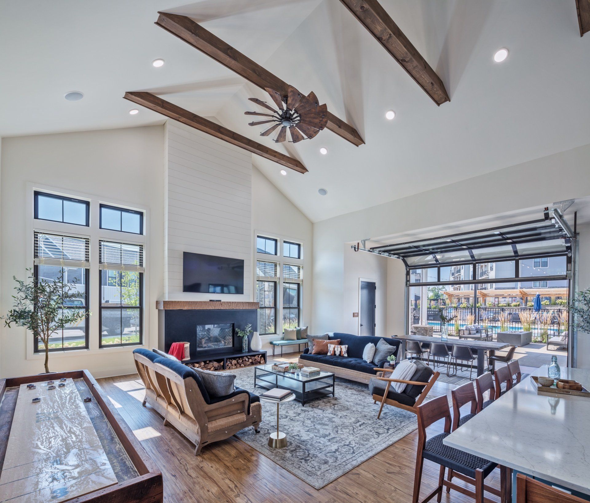 Parkview Apartments community lounge area with fireplace