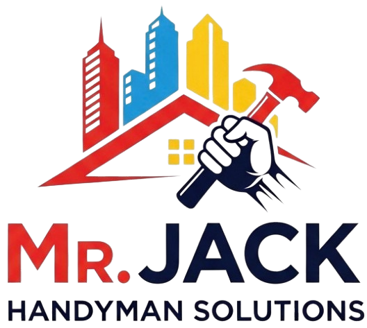 A logo for mr. jack handyman solutions with a hand holding a hammer