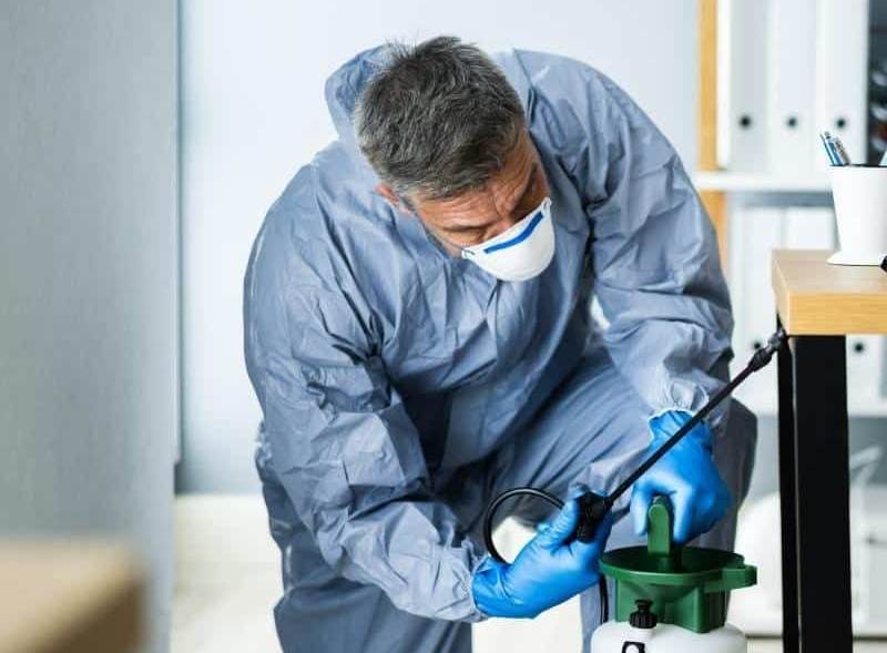 Pest control worker in protective suit spraying insecticide in an office.