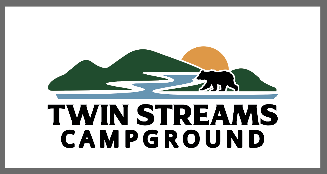 Twin Streams Campground logo: mountains, river, bear, sun, text.