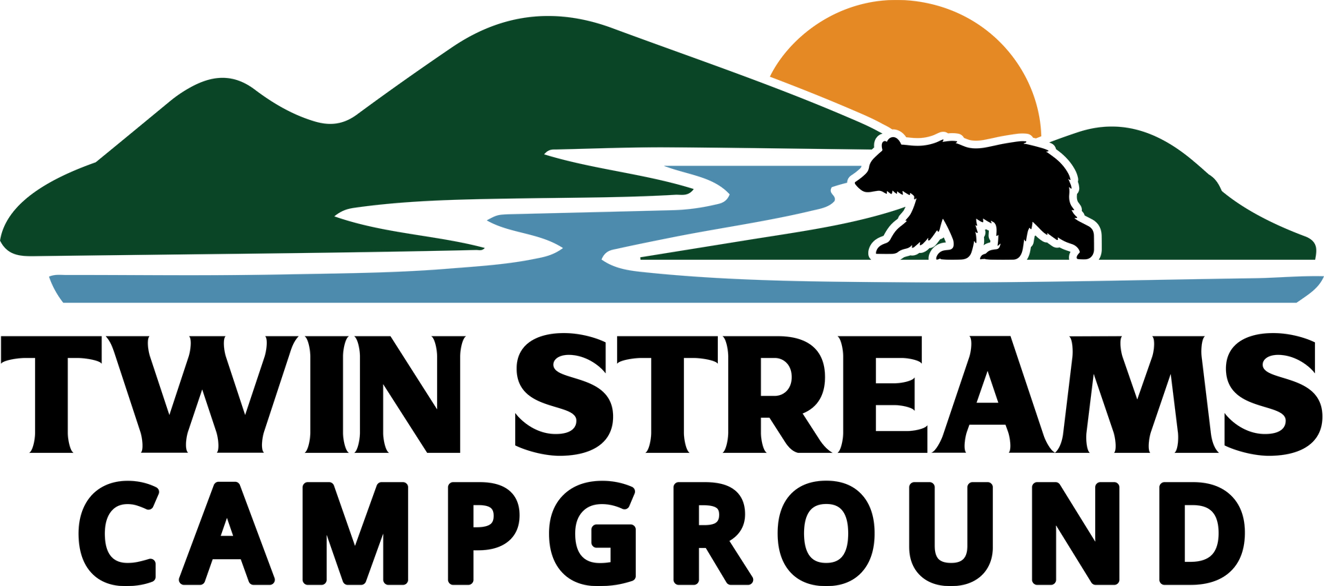 Twin Streams Campground logo: mountains, river, bear, sun, text.