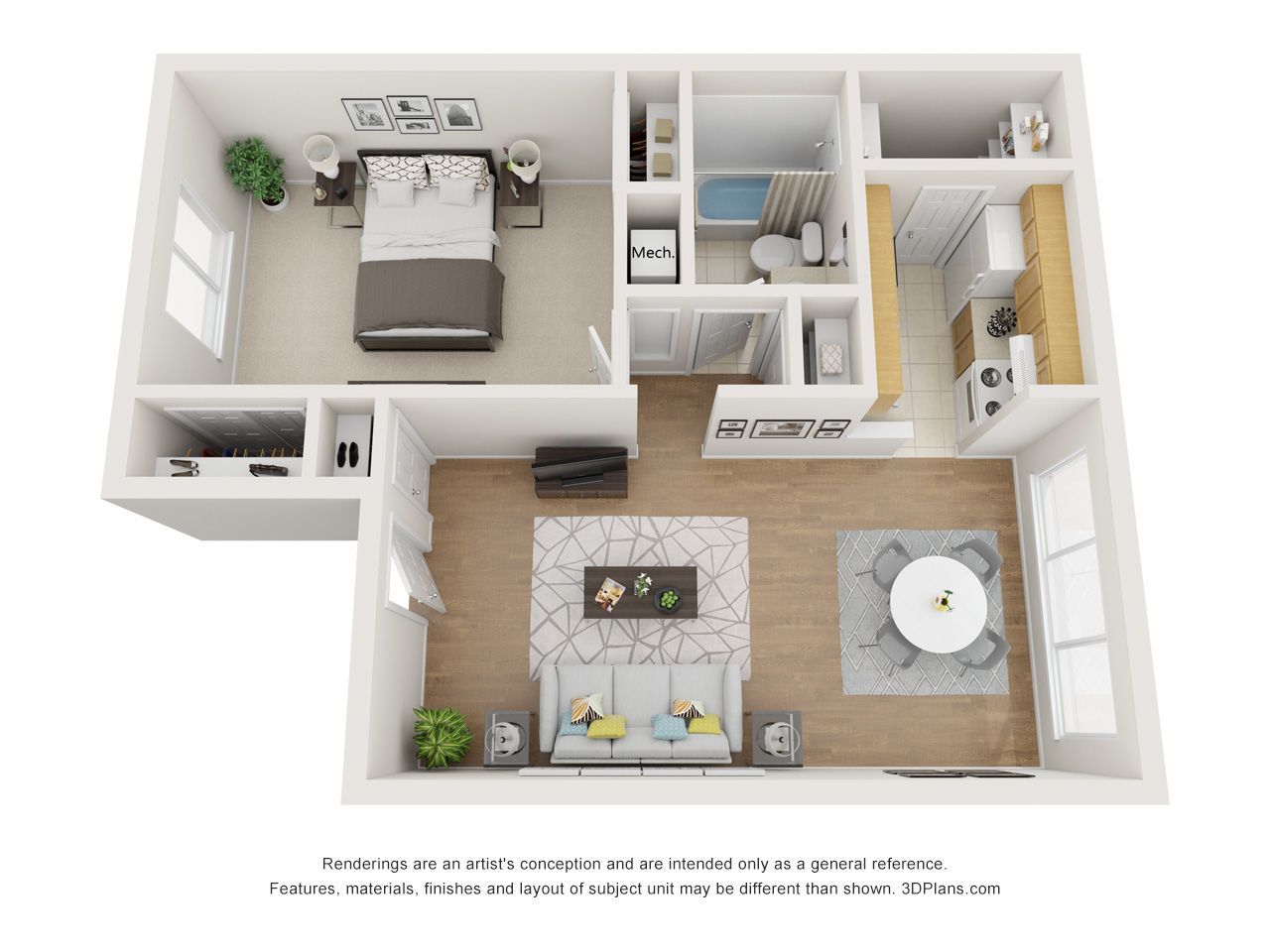 A 3d floor plan of a small apartment with a bedroom , living room , and kitchen.