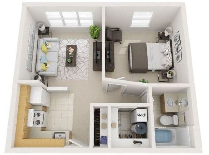 A 3d floor plan of a small apartment with a bedroom , living room , and bathroom.