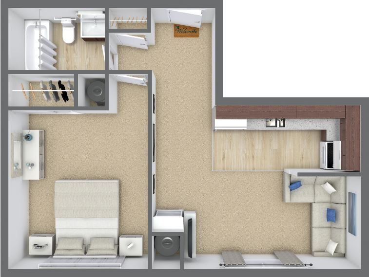 A 3d floor plan of a small apartment with a bedroom , living room , and kitchen.