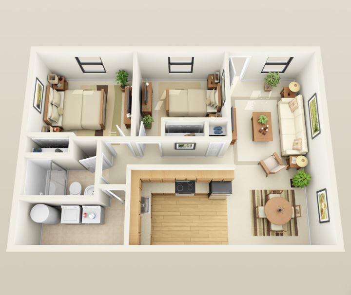 A 3d floor plan of a house with two bedrooms