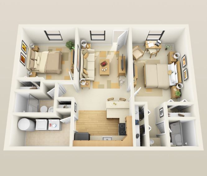 A 3d floor plan of a house with two bedrooms