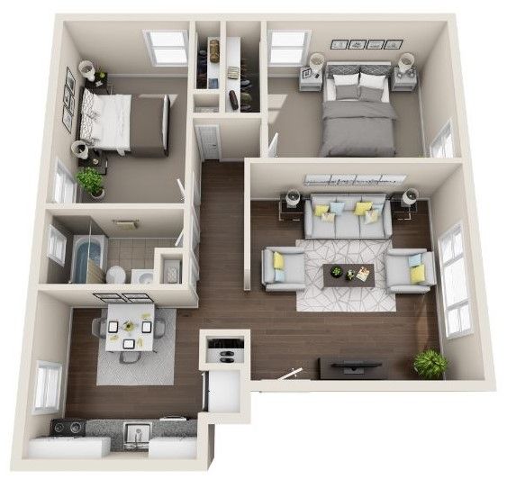 A 3d floor plan of a house with two bedrooms