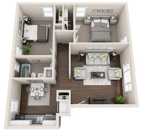 A 3d floor plan of a house with two bedrooms and a living room.