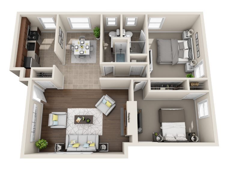 A 3d floor plan of a house with a living room , dining room , bedroom and bathroom.