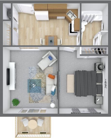 A 3d floor plan of a small apartment