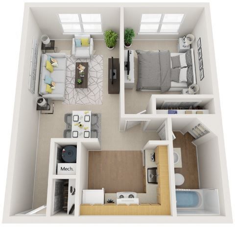 A 3d floor plan of a small apartment with a bedroom , living room , and kitchen.
