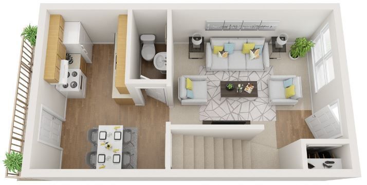 A 3d floor plan of a house with a living room , dining room , and kitchen.
