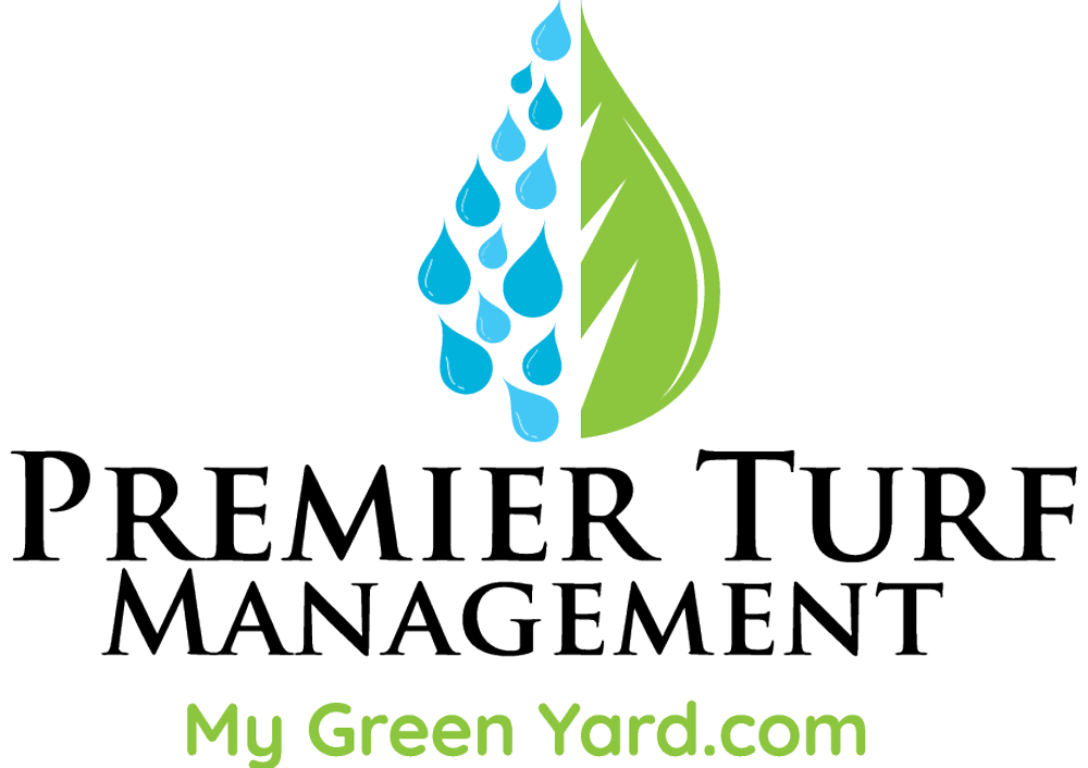 Premier Turf Management logo with blue water drops, green leaf, and My Green Yard.com text