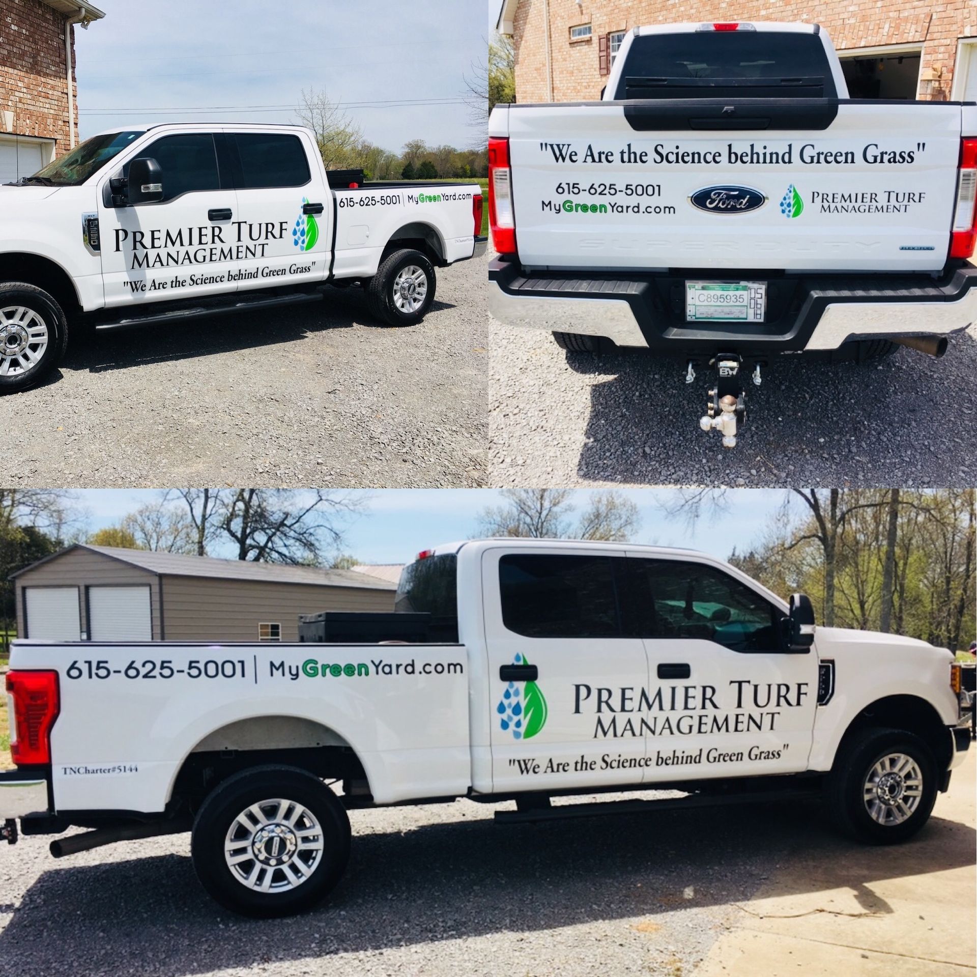 Two white Premier Turf Management pickup trucks with company logos parked on gravel.