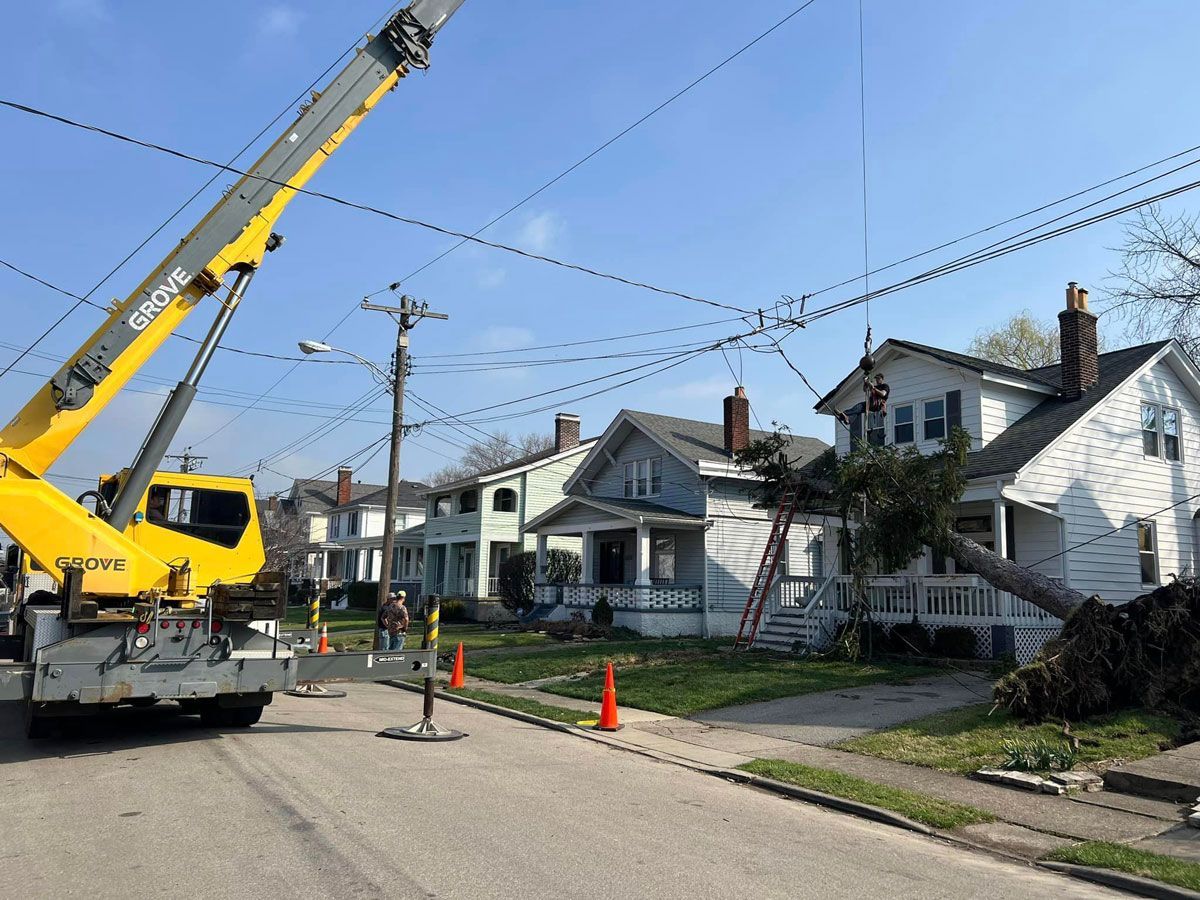 Yellow Crane in Front of a Row of Houses — Cincinnati, OH — Cincinnati Arbor Services