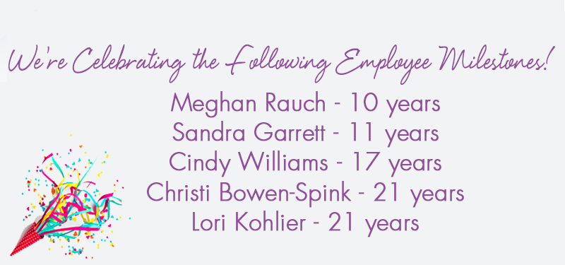 Employee milestone celebration: names and years of service, confetti.